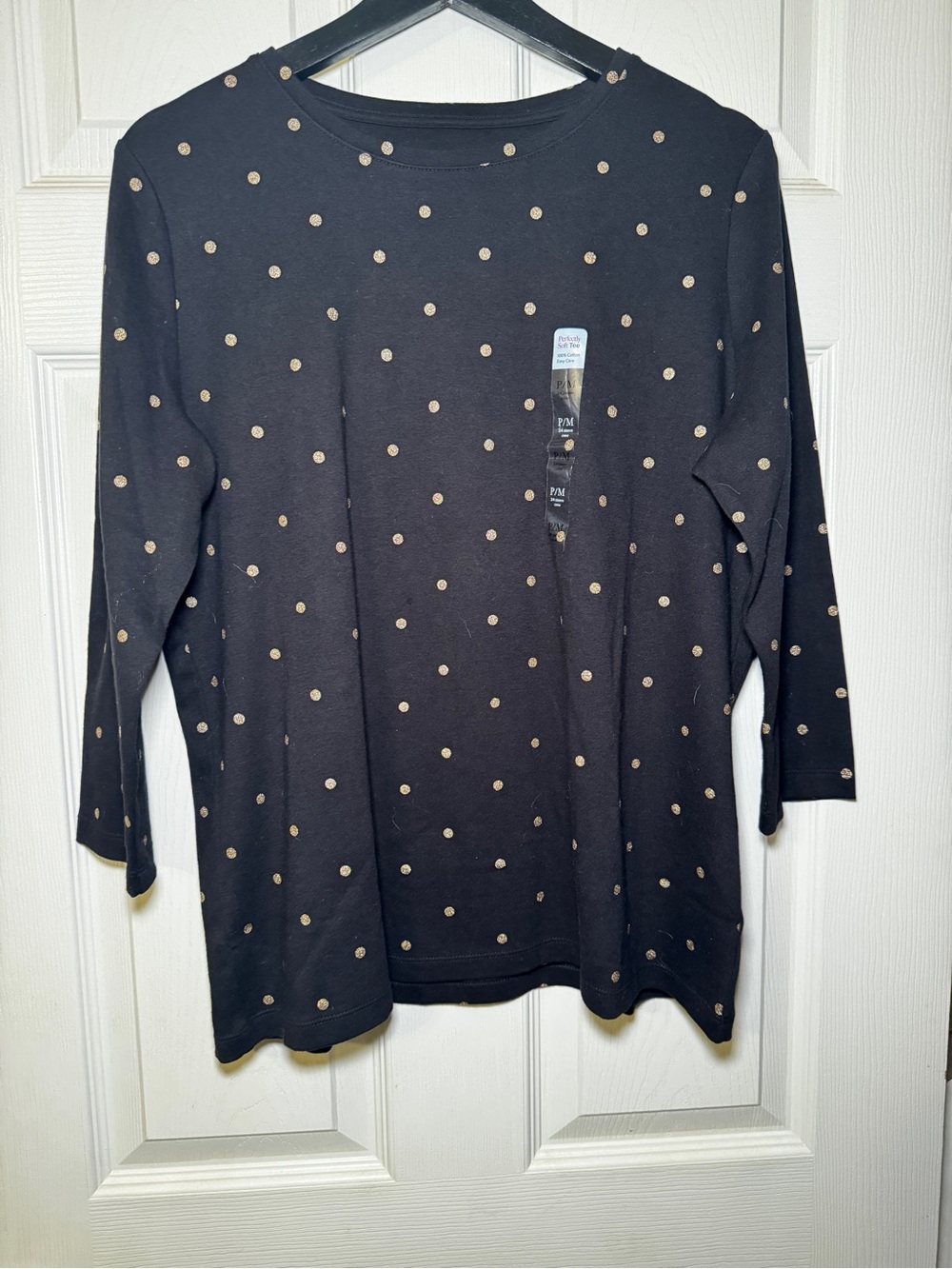 Kim Rogers NWT Women's Petite Medium Black with Gold Polka Dots 3/4 Sleeve Tee